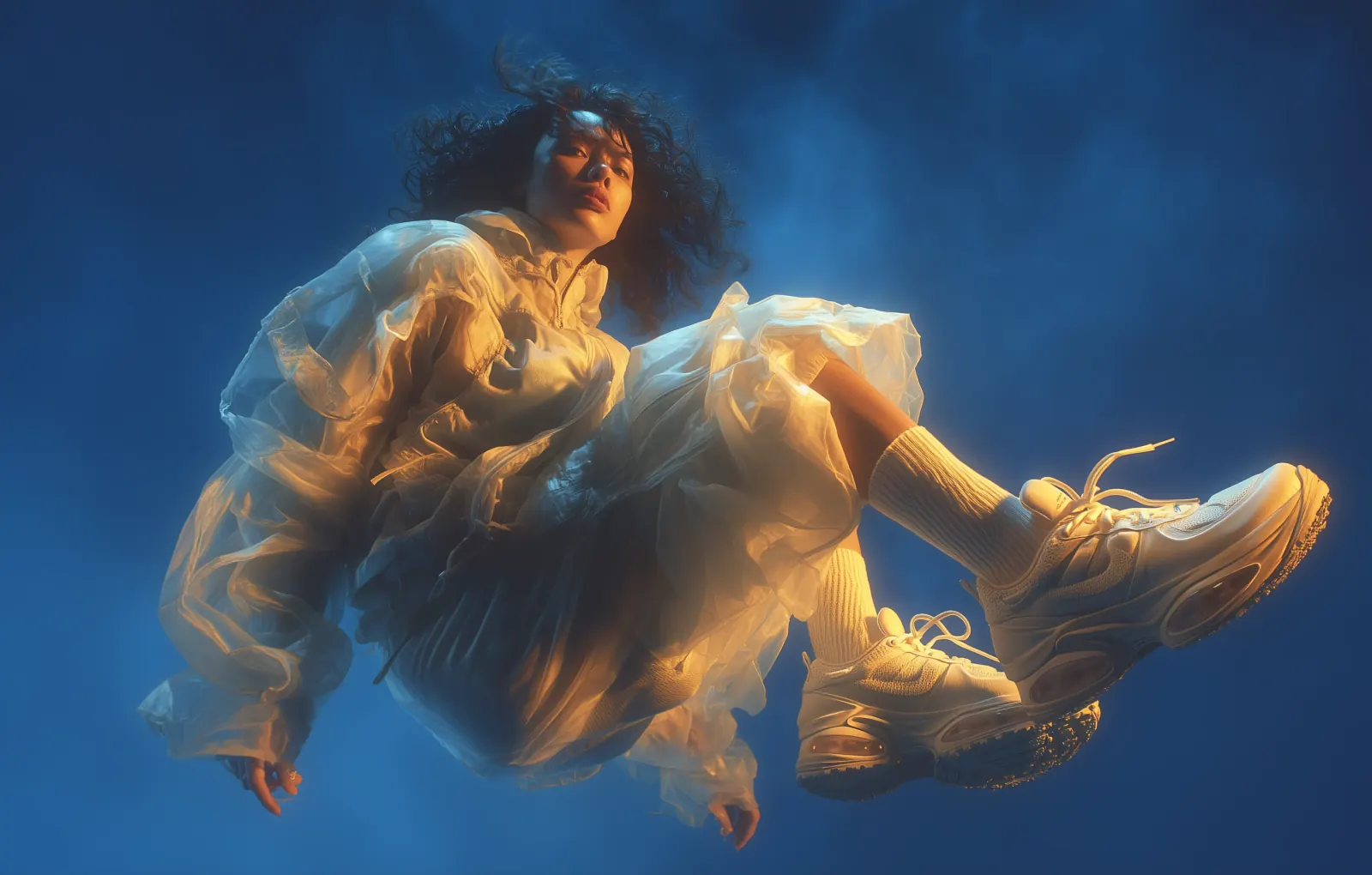 Figure in a flowing white jacket floating against a deep blue backdrop